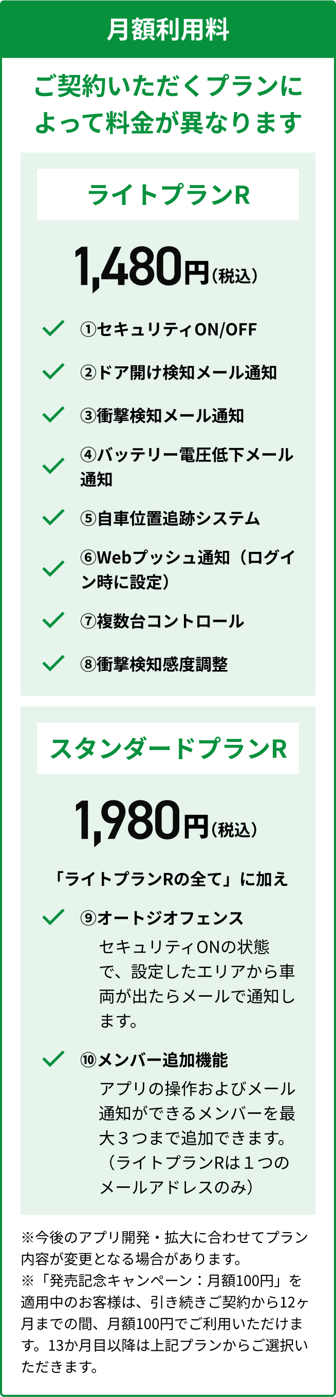 月額費用。ご契約いただくプランによって料金が異なります。
                  ライトプラン、月額980円（税込）。①セキュリティON/OFF。②ドア開け検知メール通知手動。③衝撃検知メール通知。④バッテリー電圧低下メール通知。
                  ⑤自車位置追跡システム。⑥Webプッシュ通知（ログイン時に設定）スタンダードプラン、月額1,480円（税込）。「ライトプランの全て」に加え⑦オートジオフェンス、セキュリティONの状態で、設定したエリアから車両が出たらメールで通知します。
                  ⑧メンバー追加機能加。アプリの操作およびメール通知ができるメンバーを最大3つまで追加できます。（ライトプランは１つのメールアドレスのみ）。※今後のアプリ開発・拡大に合わせてプラン内容が変更となる場合があります。※「発売記念キャンペーン：月額100円」を適用中のお客様は、引き続きご契約から12ヶ月までの間、月額100円でご利用いただけます。13か月目以降は上記プランからご選択いただきます。