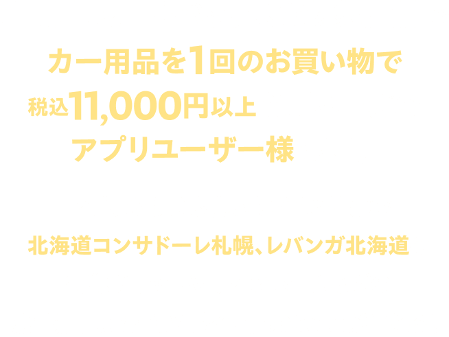 期間中、オートバックスの対象店舗でカー用品を1回のお買い物で税込11,000円以上お買い上げのアプリユーザー様限定！アプリからご応募いただくと抽選で北海道コンサドーレ札幌、レバンガ北海道の観戦チケットやサインボールなどの豪華賞品、またはVポイント5000ptが当たる！