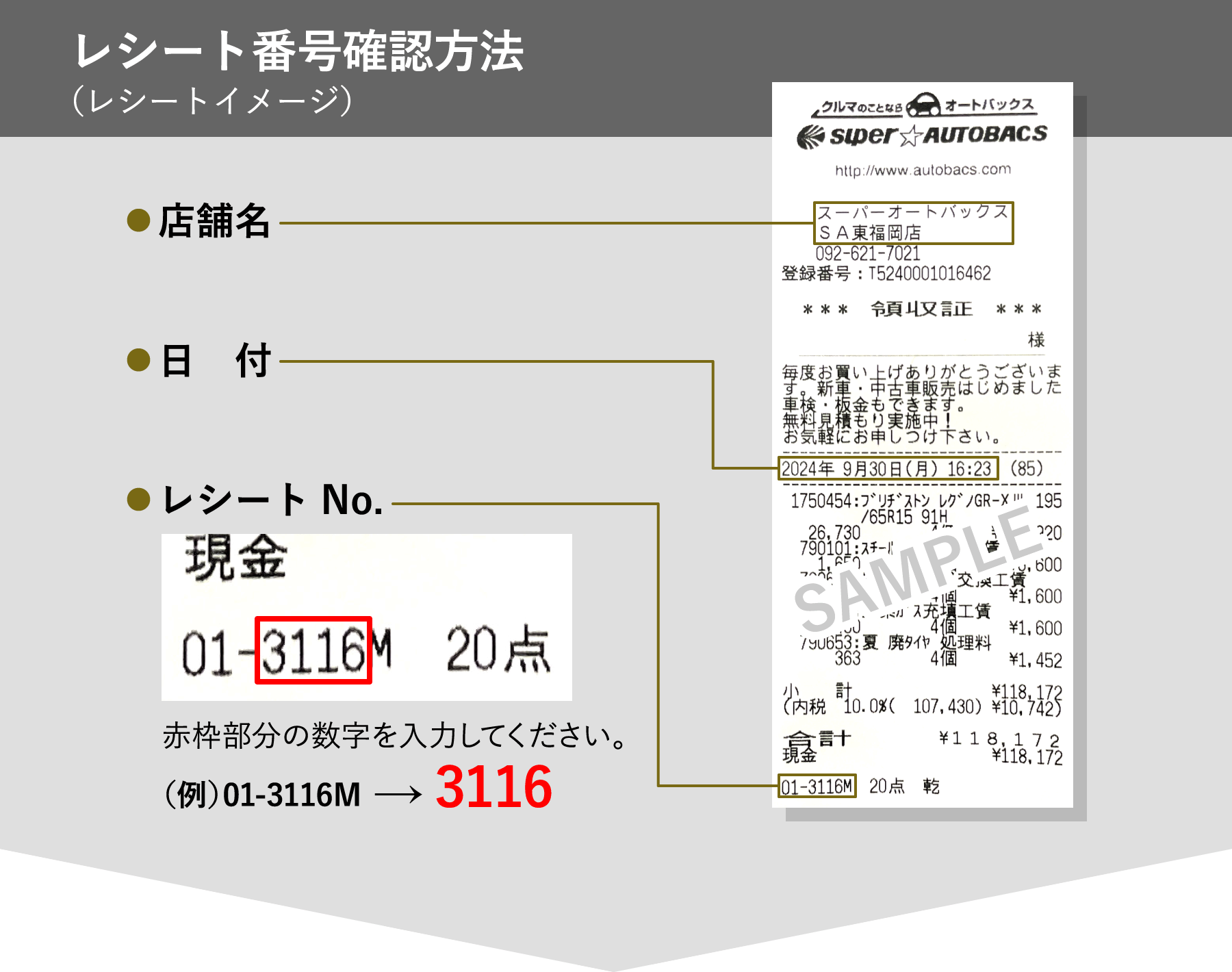 レシート番号確認方法（レシートイメージ）