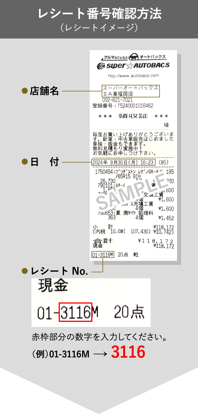 レシート番号確認方法（レシートイメージ）