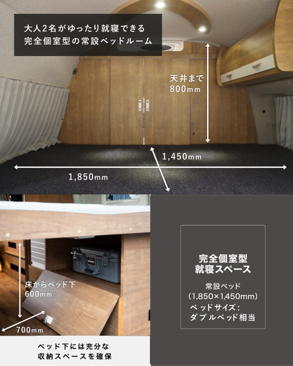 完全個室型就寝スペース常設ベッド（1,850mm×1,450mm）大人2名がゆったり就寝できる完全個室型の常設ベッドルーム 天井まで800mm ベッド下には充分な収納スペースを確保 床からベッド下600mm 床幅700mm